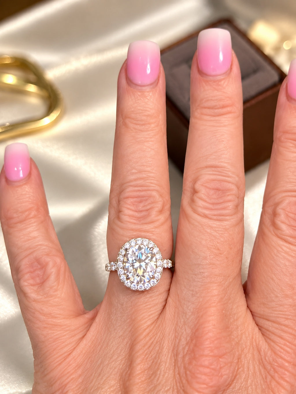 PHNX 4 CTW Oval Lab-Grown Diamond Halo & Pavé Ring, Size 7 — Worn on Hand