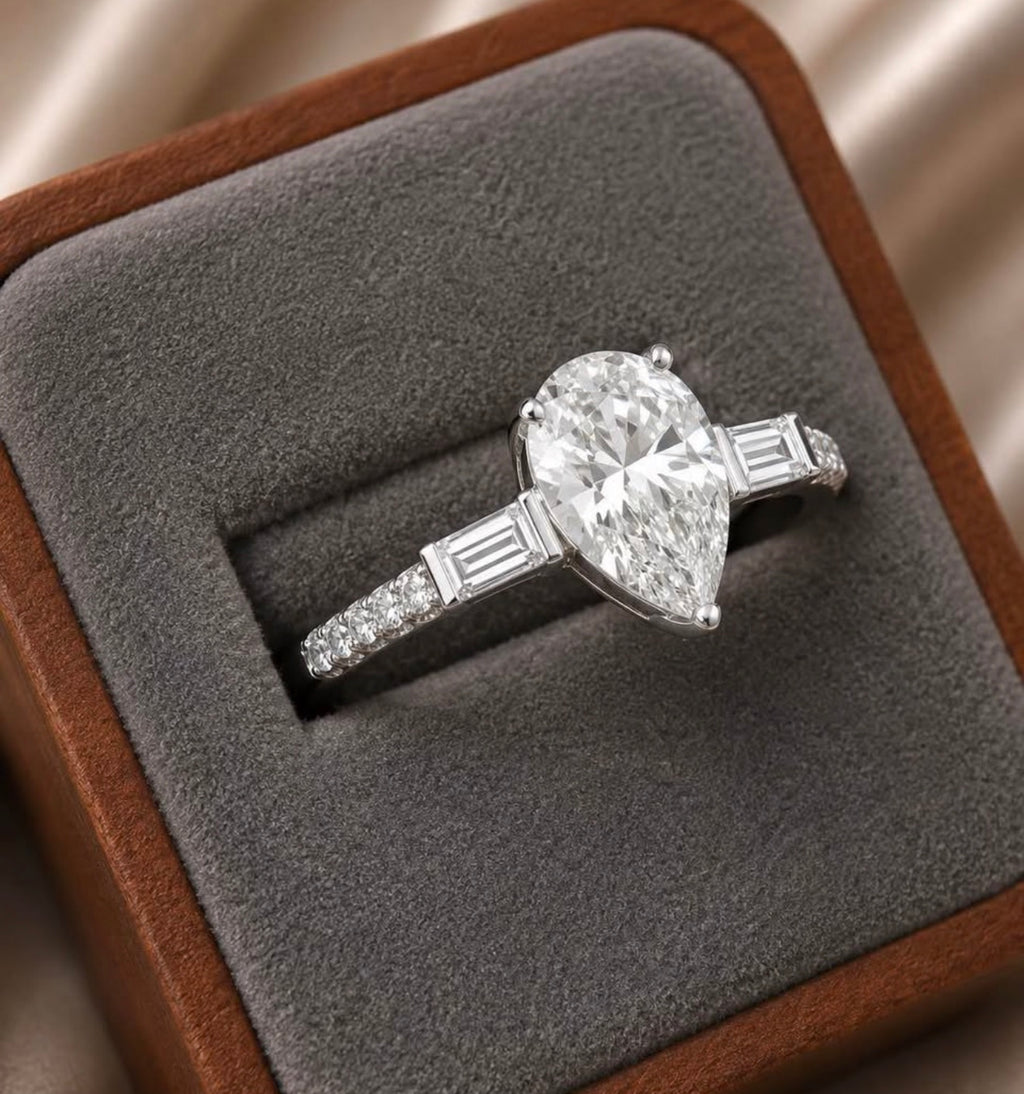 PHNX 4 CTW pear lab-grown diamond platinum ring angled view
