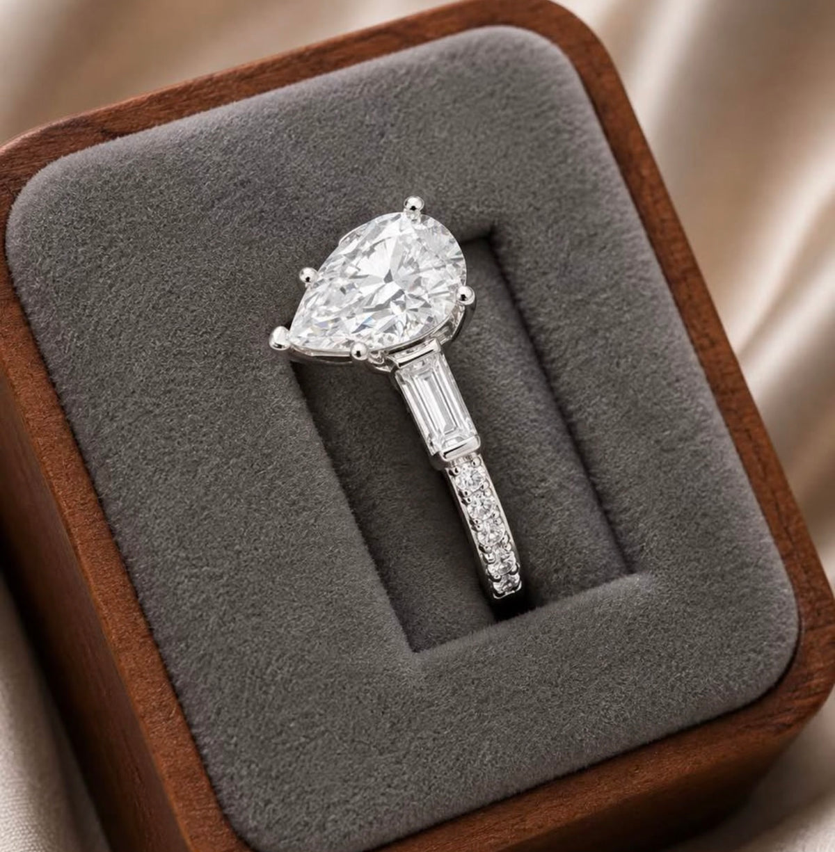 PHNX 4 CTW pear lab-grown diamond platinum ring side view