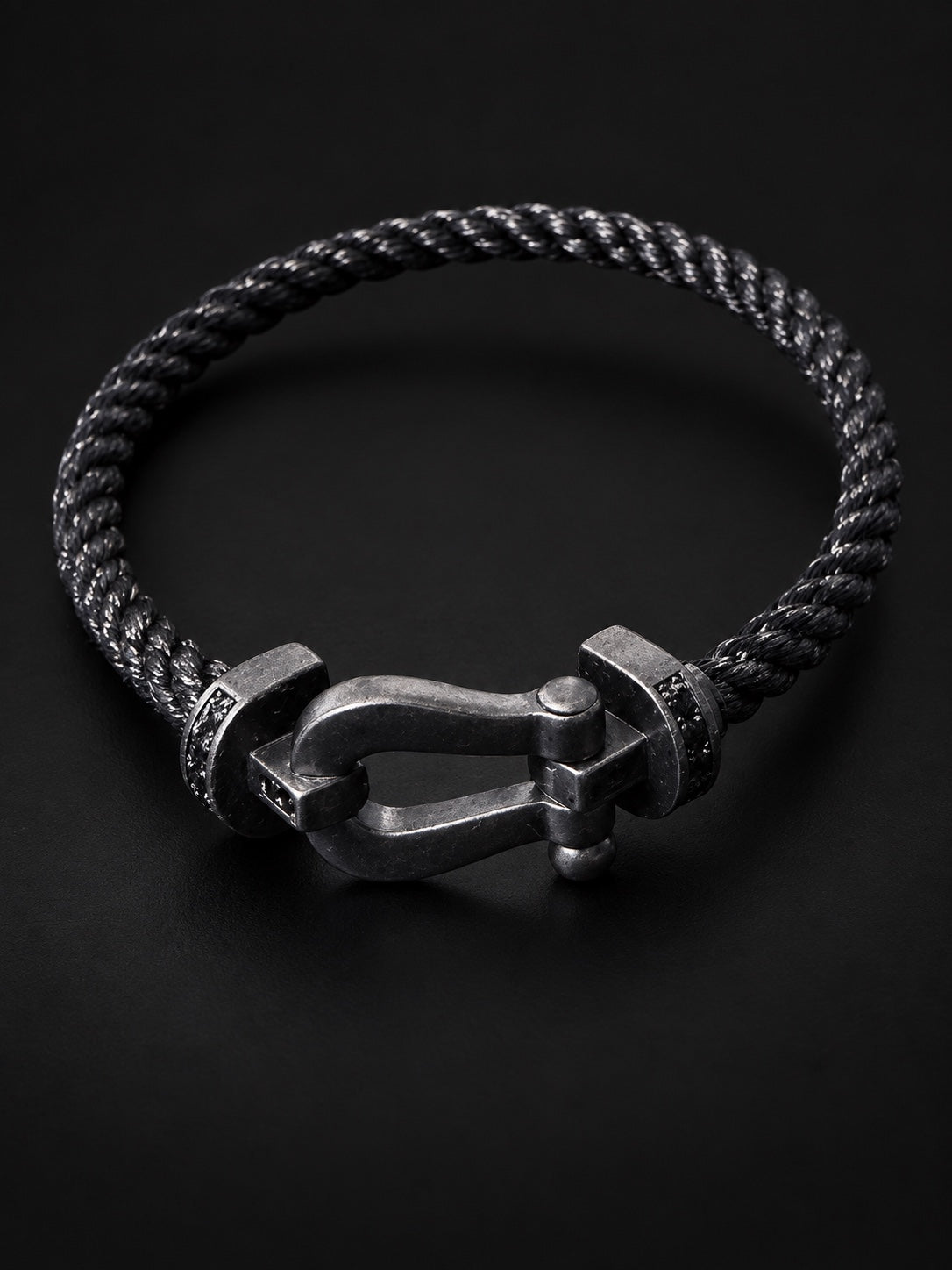 PHNX black cord horseshoe bracelet with black diamond accents, 7.5 inches