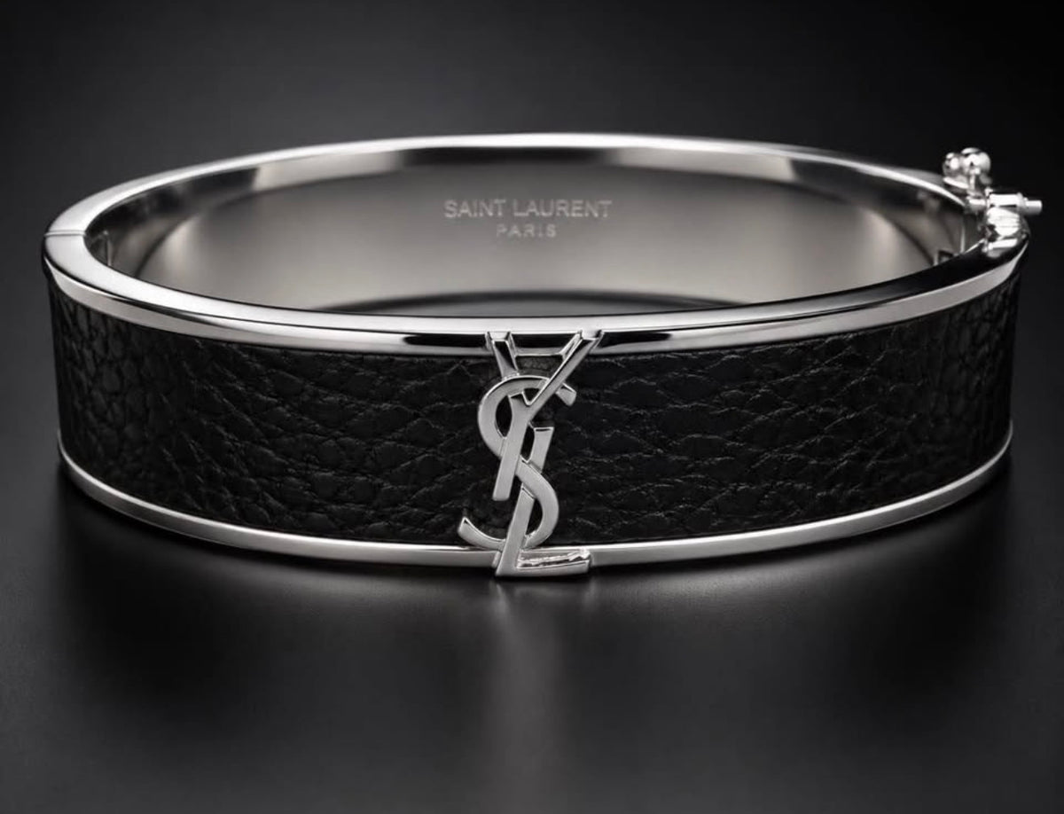 Saint Laurent women's black leather and silver-tone closed cuff bracelet