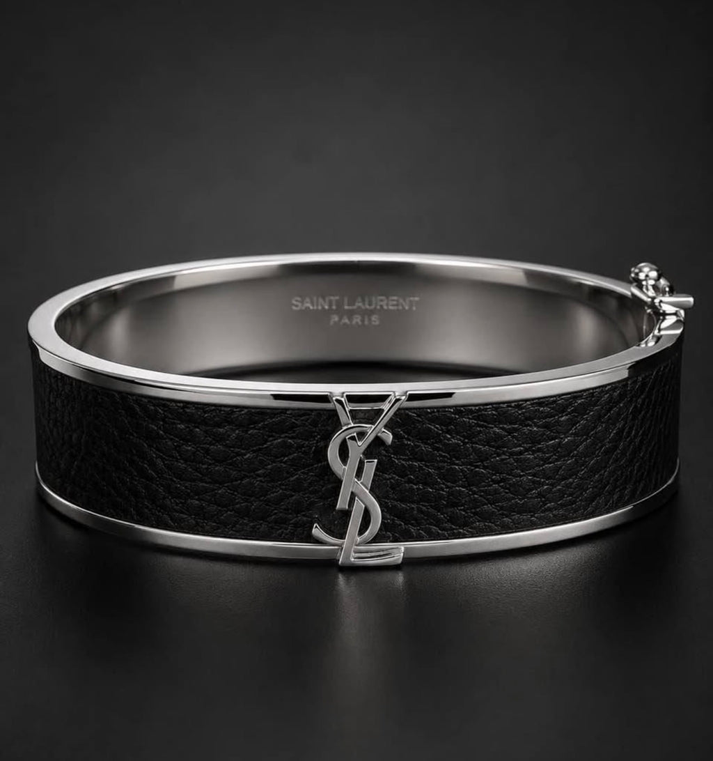 Saint Laurent women's black leather cuff bracelet front view