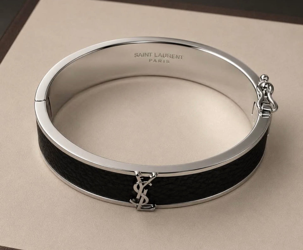 Saint Laurent women's black leather cuff bracelet interior and closure