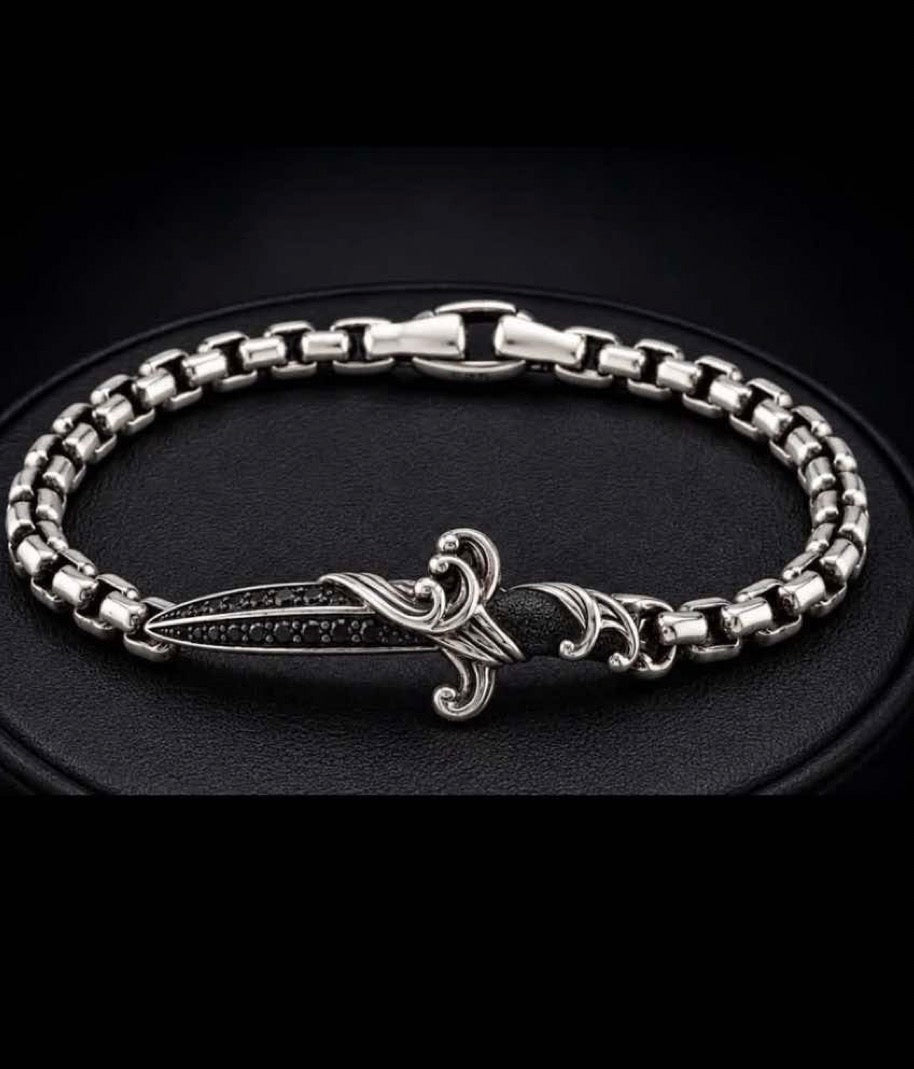Wave dagger sterling silver bracelet with black diamonds